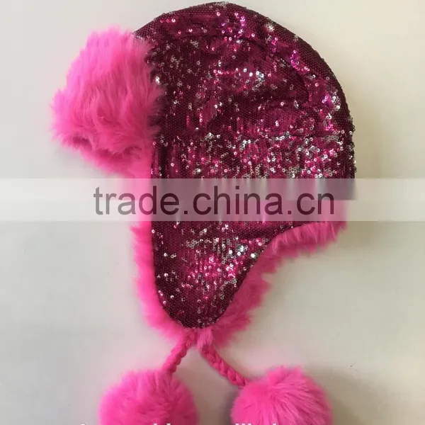 High Quality Children Sequin Trapper Hat With Soft Faux Fur Lining