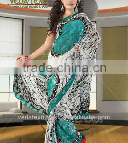 White and Black Printed Saree