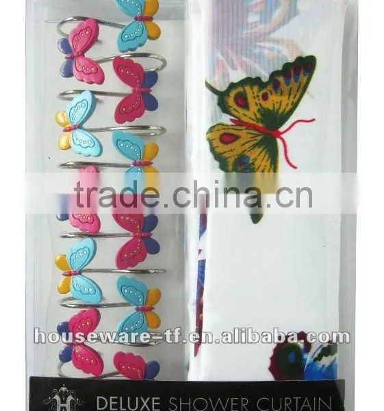 Butterfly Design Shower Curtain With 12 Pcs Decorative Resin Hooks