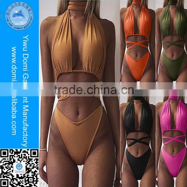 Domi Many Colors Plain Swimsuit Cross Criss String High Cut Bikini Swimwear For Women