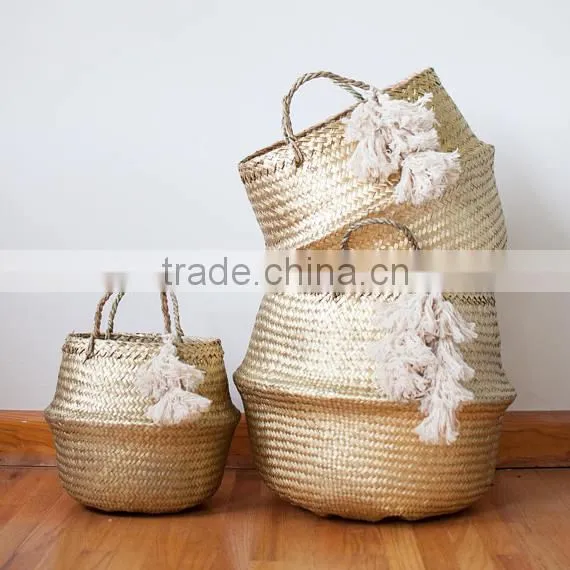 Blush Tassel Golden Metalic Seagrass Belly Basket/folding Seagrass Basket, Set of 3 Sizes photo-2