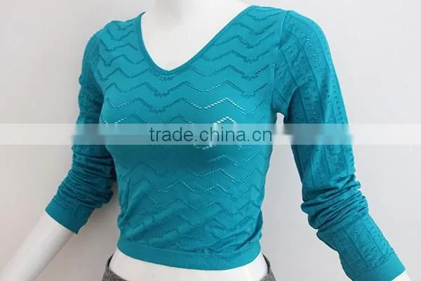 V-neck Ladies Seamless Long Sleeve Shirt With Hollow Out Wave Style Hole photo-2