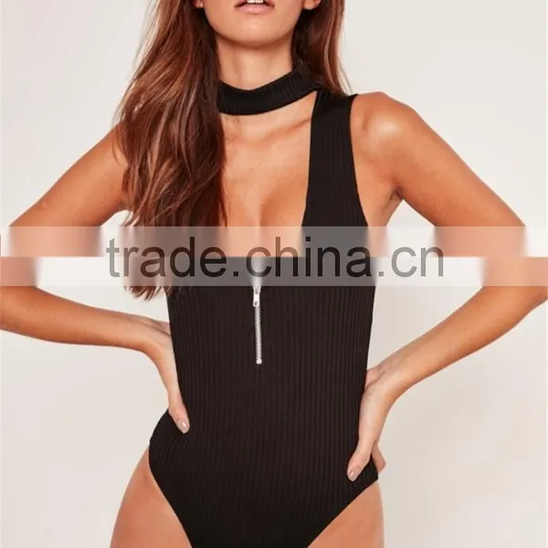 MGOO 2017 Wholesale Zip Up Front Black Bodysuits Ribbed Chocker Neck Fashion Cheap Sleeveless Blouses Custom Design photo-4