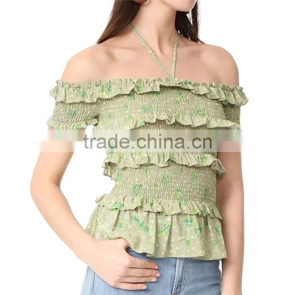 2017 OEM Femme Halter Ties Dainty Floral Elastic Ruffles Frill Blouse photo-3