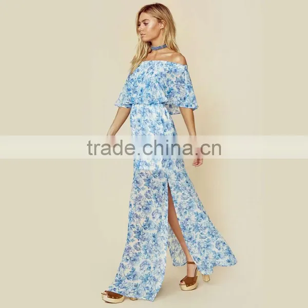 Peony Blue Floral Mumu Dresses 2018 Womans off Shoulder Maxi Dress photo-3