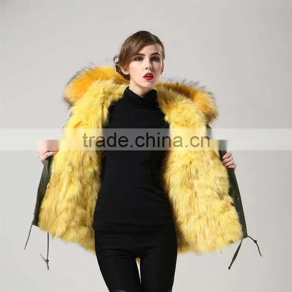 Yellow Fox Fur Wears Parka,Thickness Mini Winter Girls Fox Lined Parka photo-2