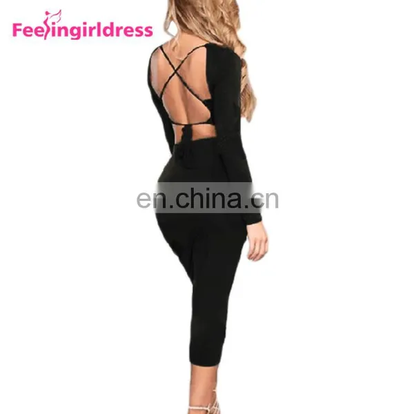Fashion Long Sleeve Tops Black Backless Midi Bodycon Sexy Women Party Dress photo-3