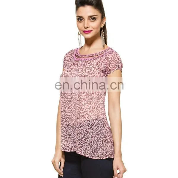 2015 Latest Animal Print Kaftan For Ladies And Girls Pink Animal Printed Georgette Top photo-2