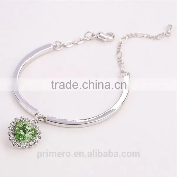 Fashion Ocean Blue Sliver Plated Crystal Rhinestone Heart Charm Bracelet Bangle photo-2