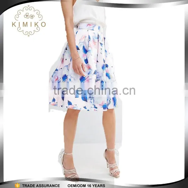 2016 Summer Women Pleated Prom Midi Skirt In Floral Print