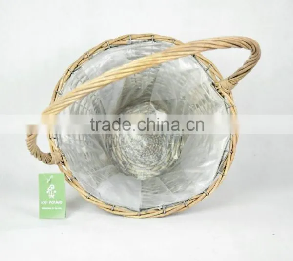 Round Hat Wicker Basket With Over Handle and Plastic Liners Decoratived by Plaster Colth Used for Home and Garden (K4-1870) photo-2