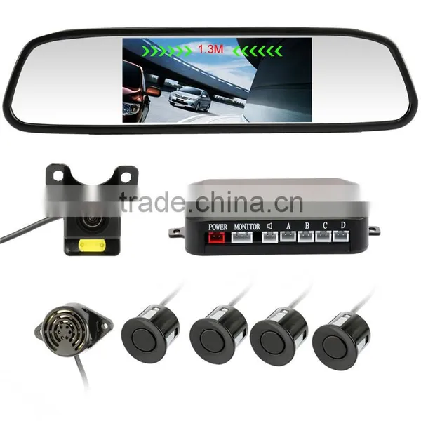 Car Reverse Backup Radar With 4 Parking Sensors+4.3" Car Mirror Monitor +Waterproof Car Camera