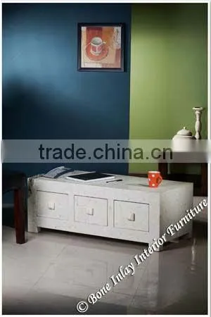 Coffee Table-White Bone Inlay Three Drawer