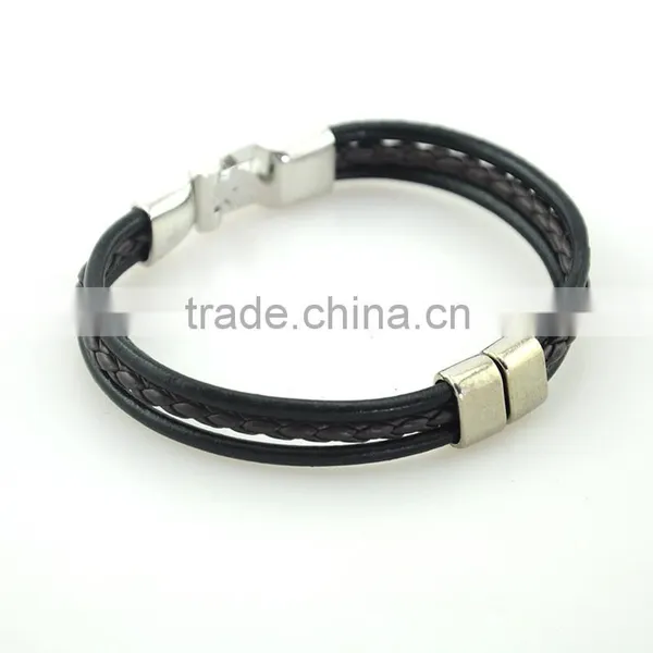 Factory Men Bangle Metal Black Leather Rope Bracelet photo-5