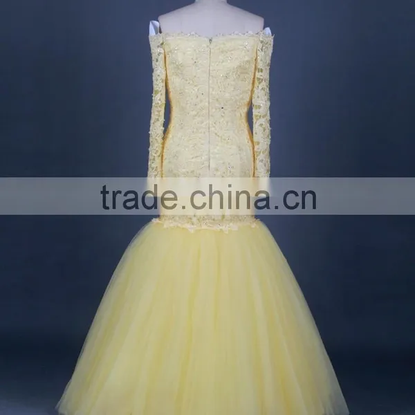 RSE682 Off The Shoulder Yellow Sexy See-Through Patterns Of Lace Long Sleeve Mermaid Evening Dress photo-3