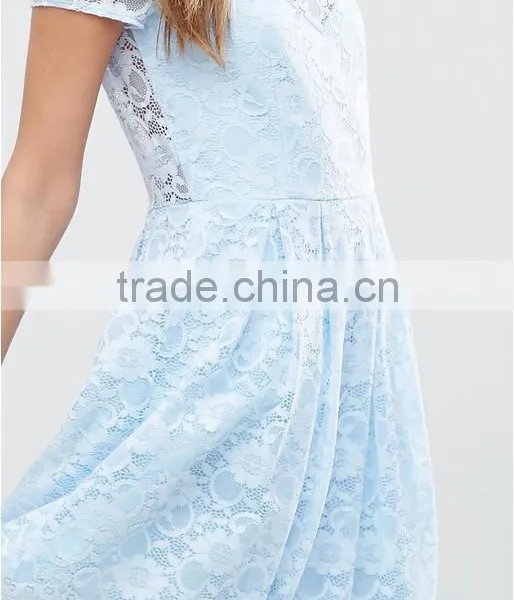 Guangzhou Clothing OEM Blue Pleated Skirt Lace Mini T-Shirt Dress photo-5