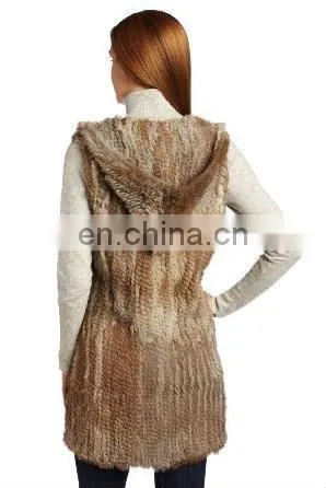 Women's Long Rabbit Fur Knnited Vest With Hood photo-2