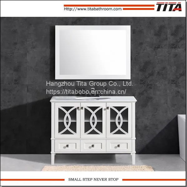 Elegant White Lacquer Solid Wood Bathroom Vanity Cabinet T9313-48W
