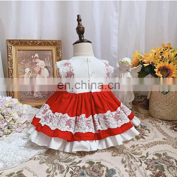 2020 Summer Spanish Lolita Princess Dress Baby Girl Clothes Lace Stitching Red Dress for Girl Birthday Party Vestidos photo-3