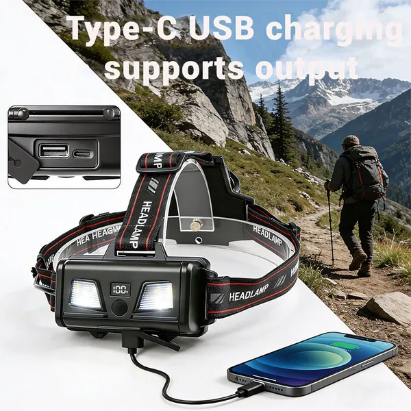 Wholesale Dual Color White Laser Headlamp With Battery Backpack Rear Warning Light Motion Sensor Power Bank Rechargeable Outdoor Head Torch photo-4