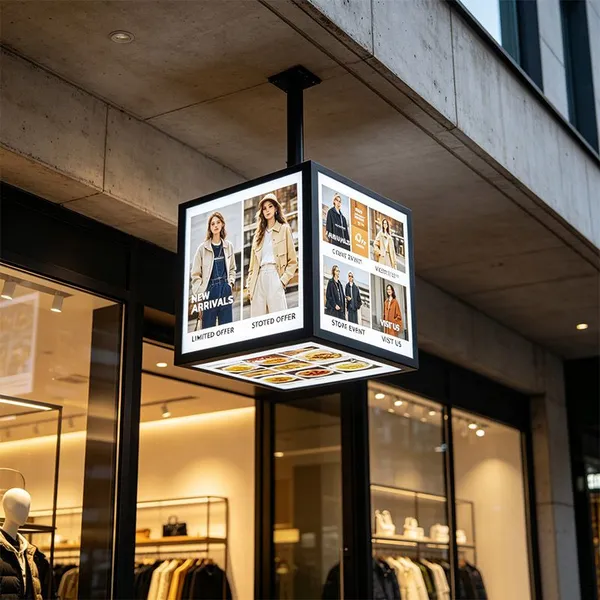 Single Tier Hanging Rotating Light Box 4 Sided Eaves Suspended Commercial Sign