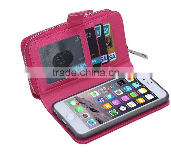 Unique LeatherZipper Wallet Card Slot Mob Phone Cover, Rose Red Protective Case for IPhone 6/6s photo-2