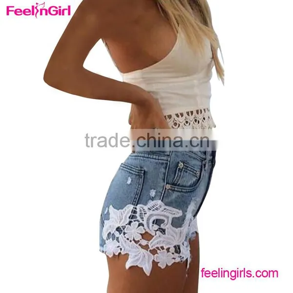 Lace Floral Beading Shorts Wash Rivet Decorated Girls Jeans Pants