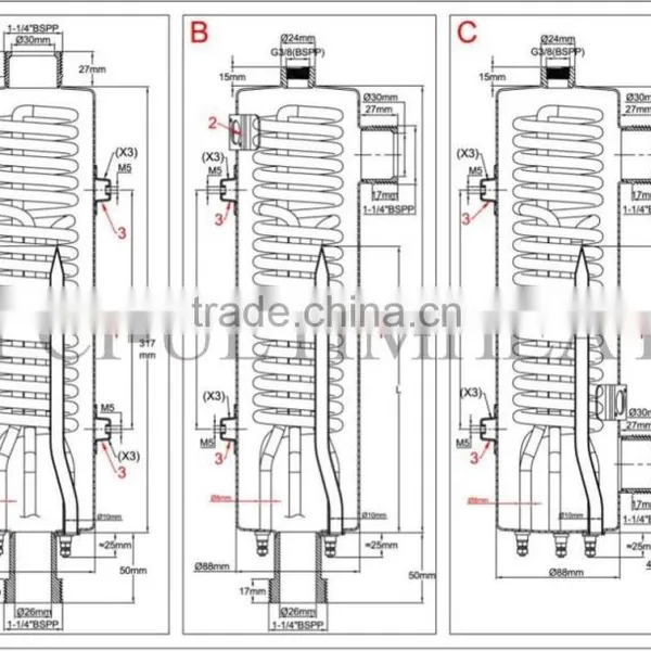 9SUD31 Standard Liquid Heaters, 88mm Diameter, Length 313mm, Heli-coiled Tubular Heater photo-2