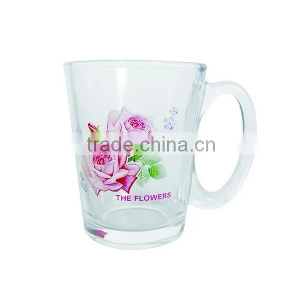 Flower Decal Printed Glass Tea Mug for Promotion