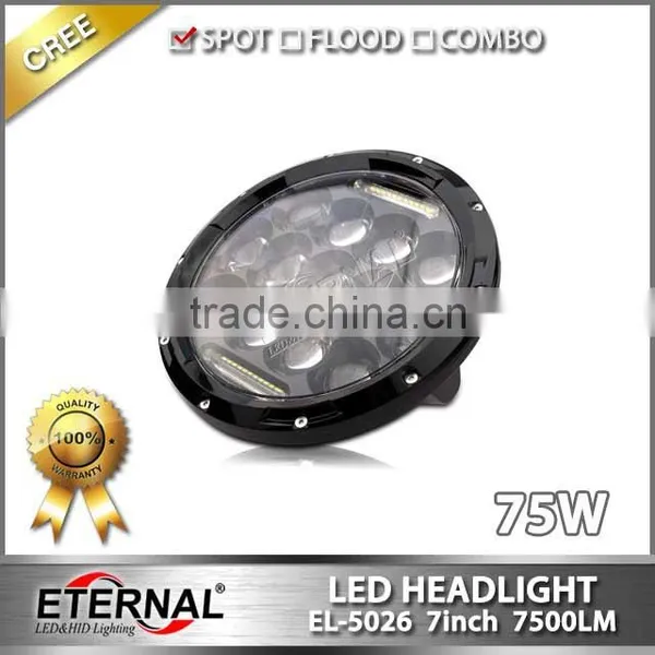 7 Inch 75W Led Headlight for Jeep Wrangler Rubicon off Road With Dual Beam H4 Plug Halo Angel Eyes Ring photo-2