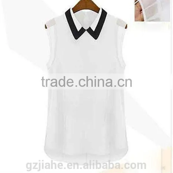 Fashion Cheap 2015 Women Clothing Shirts Spring Summer Chiffon Blouse Turn Down Collar Sleeveless Shirt Black White Plus Size photo-3