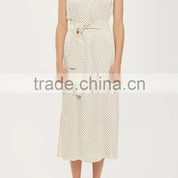 women wear 2017 ivory-tinted waist tie double layer straps side split Polka Dot Slip Dress
