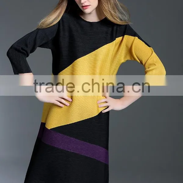Female Patchwork Contrast Color Crinkle Spring A-line Dresses photo-2