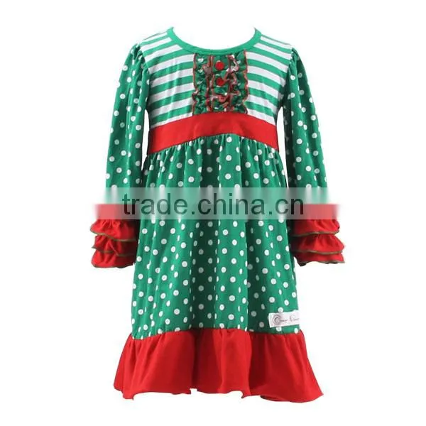 2015 Red&green Polka Dot Dresses Girls Fall Winter Dress Christmas Ruffle Dress
