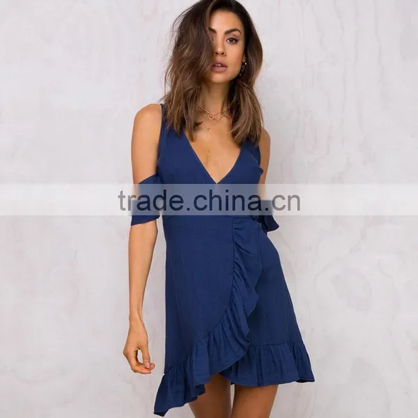 Navy Cold Shoulder Ruffled Wrap Dresses Woman's Chic Summer Wear photo-5