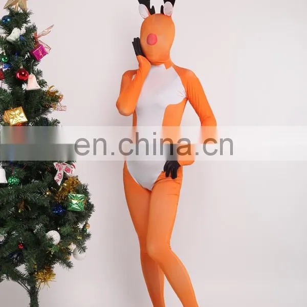 Christmas Day Santa Deer Full Body Spandex Lycra Cosplay Costume Orange photo-2