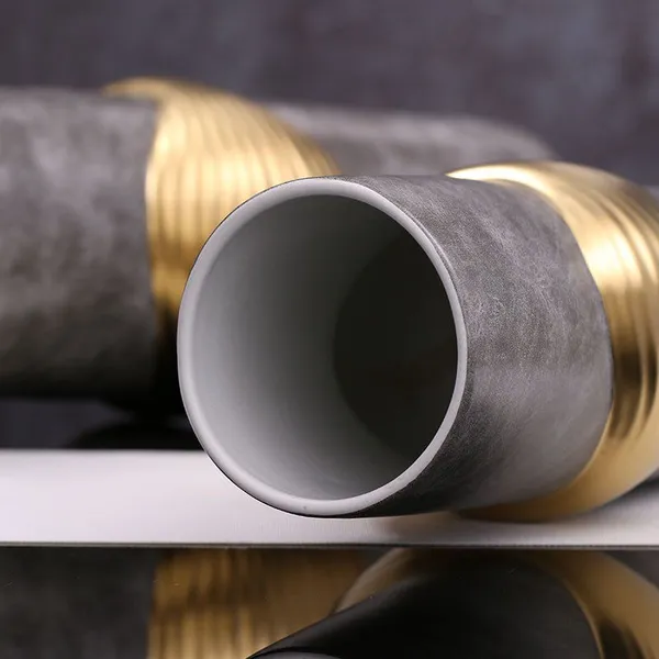 Light Luxury Classcial Grey Leather Gild Convex Ceramic Vase Decor For Dry Fresh Flower photo-4