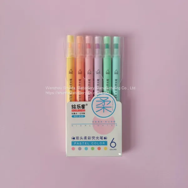Good Quality Factory 6 Color Pastel Color Fluorescent Highlighter Double Tip Twin Marker Watercolor Pen for Children Student Art
