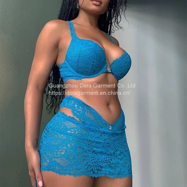 2pcs Blue Mesh Lace Lingerie Dress Set photo-3