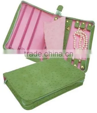 Custom Green Ostrich Skin Zippered Travel Jewelry Case,green Leather Travel Display Cases,folding Leather Travel Jewelry Case photo-2