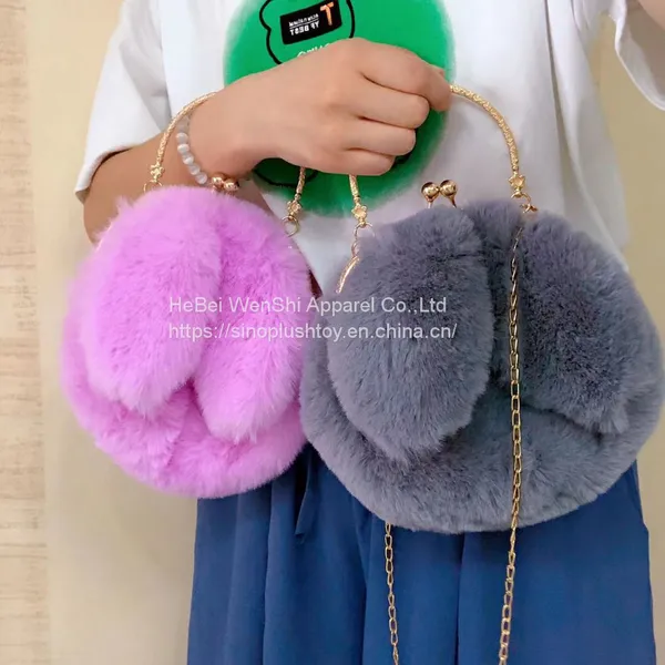010Plush Rabbit Bag Female Oblique Crossbody Korean Version Lovely Chain Women Handbag Fur Plush Shoulder Bag Rabbit Ear Clip Mouth Bag photo-2