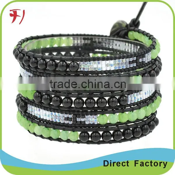 Cool Summer Bracelet Jewelry Handmade Real Leather And Dark Blue Crystal Beads Beach Bracelet