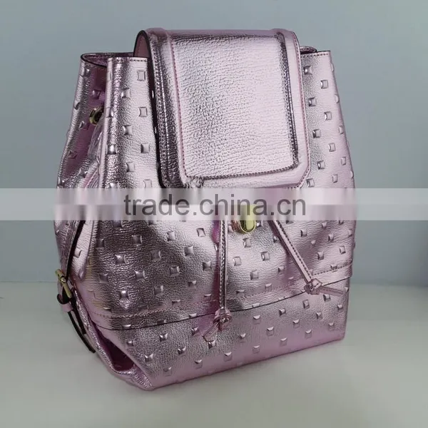 Stylish Shinning Pink Leather Cute Girls Small Daily Leisure Backpack photo-2