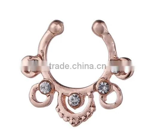 Crystal Gems Clip On Fake Septum Clicker Non Piercing Nose Ring Hoop photo-3