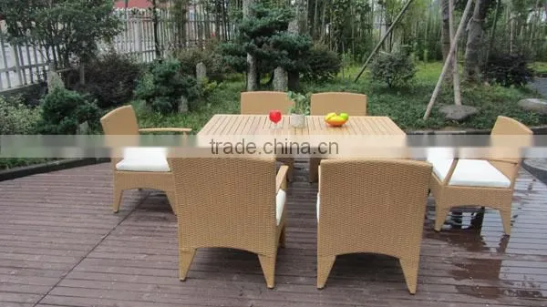 Wood Dining Table 6 Chairs Set Poly Rattan Material photo-2