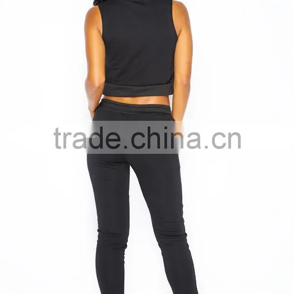 Sexy Girls In Tracksuit Black Sleeveless Crop Top Sweat Pants Sets 100% Cotton Summer Club Sports Tracksuit For Football Team photo-3