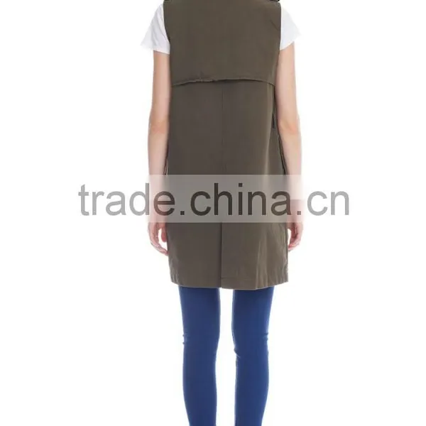 Fashion Ladies Multi Pocket Army Green Vest Coat photo-3