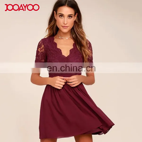 2017 Fashion Women Clothing Midi Dresses Burgundy Sexy Ladies Skater Lac Dress photo-2