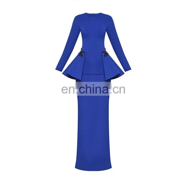 High Quality Islamic Clothing Custom Women Plain Blue Baju Kurung Dress photo-4