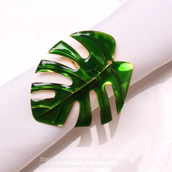 Green Tropical Leaf Shaped Metallic Gold Napkin Rings For Dinner Parties Weddings Family Gatherings or Everyday Use photo-2